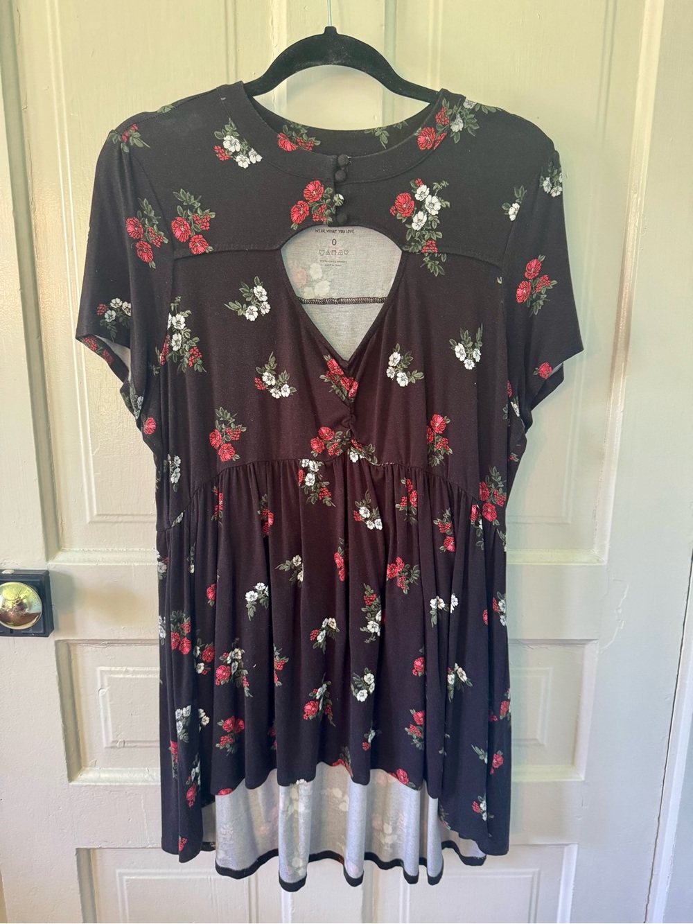 Torrid Floral Cutout Babydoll Top - Black with Red & White Flowers